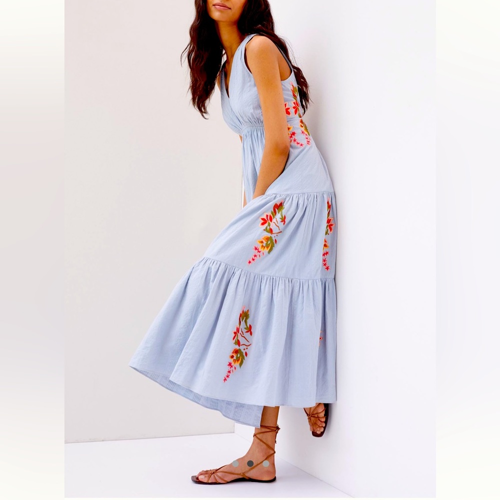 NWT Anthropologie x Samant Chauhan Embroidered Flowy Floral Midi Dress in Blue